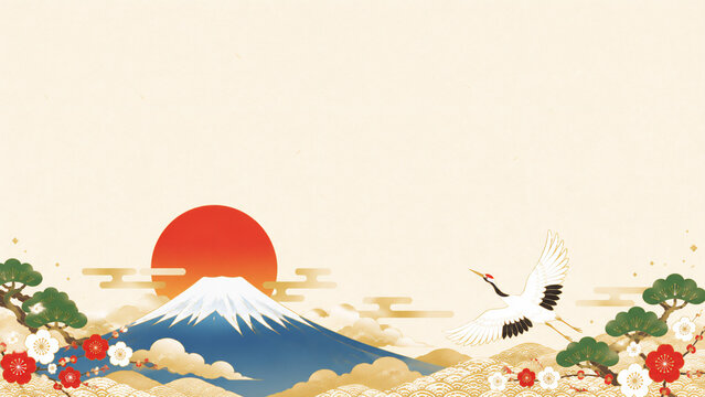 Stylized mount fuji with first sunrise and crane, japanese new year first sunrise hatsuhinode flat design illustration banner with copy space