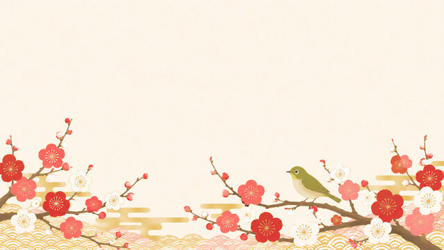 Plum blossom branch with a stylized japanese warbler, early spring japanese new year season flat design illustration banner with copy space
