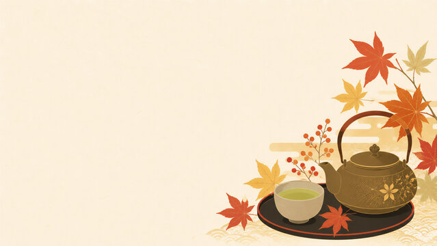 Traditional japanese teapot and cup with autumn leaves, respect for the aged day relaxation flat design illustration banner with copy space