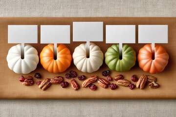 Fototapeta premium Thanksgiving table place card mockup with mini pumpkins, pecans and dried cranberries in autumn flat lay