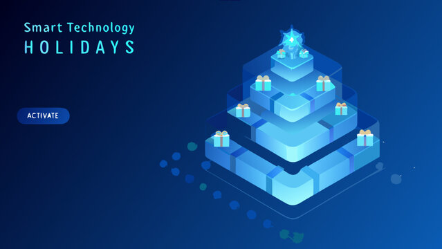 Layered geometric structure with gift boxes a vector illustration in shades of blue
