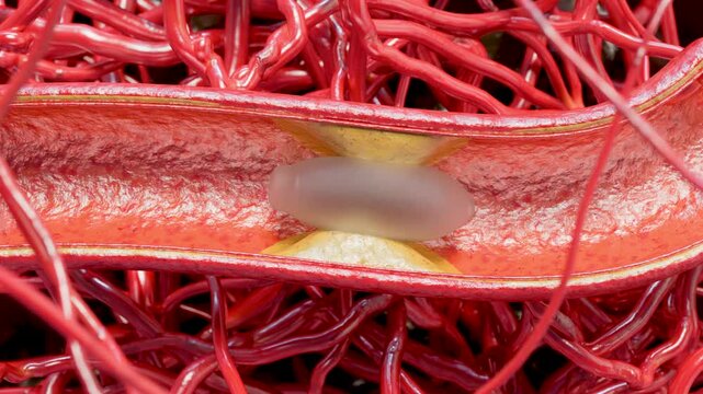 Blocked Artery, Collapsed balloon angioplasty procedure with Coronary stent in vein, blood flow circulation, vessels, cholesterol fat or atheroma blocking circulation, atherosclerosis, 3d render