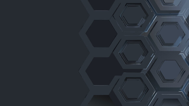 Dark gray hexagonal pattern with recessed cells a 3d rendering for abstract backgrounds