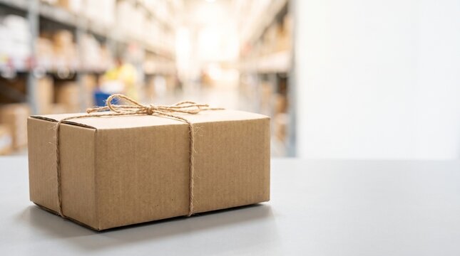 Cardboard parcel box tied with simple rope in a large warehouse storage facility