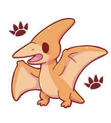 Authentic Hand Drawn Cute Pteranodon Illustration with Footprints – Kawaii Chibi Flying Dinosaur Character Original Illustration © Vegeca-creppycute