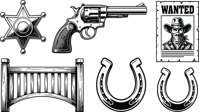 western themed illustrations of sheriff badge gun and horseshoes on white background
