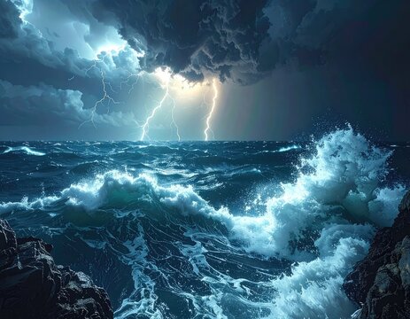 Violent ocean storm with dramatic lightning strikes over choppy waves
