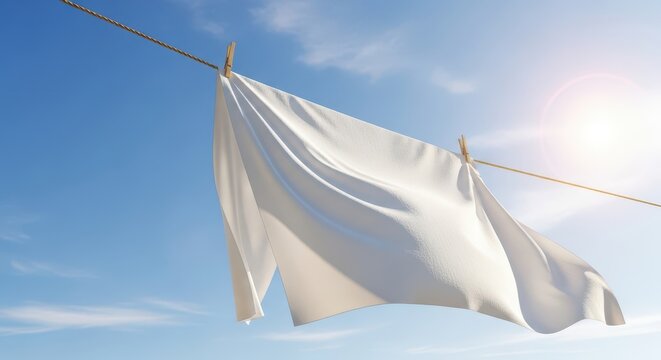 Laundry drying on a rope outdoors. Simple wooden clothes pegs grip the white sheet flapping gently in the spring breeze under sunlight, spring, rope, routine