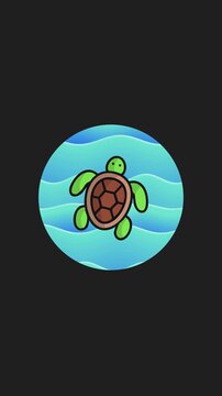 Cartoon green turtle icons character in a circle badge with blue waves transparent background