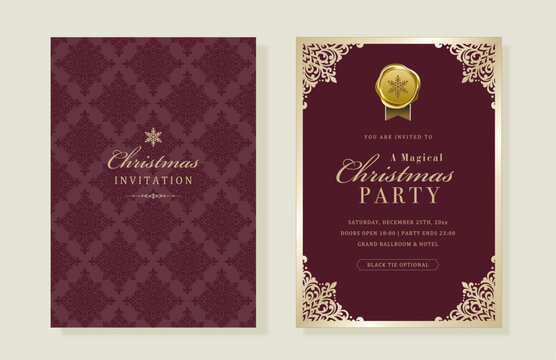 Elegant Christmas Party Invitation Template in Red with Gold Frame and Wax Seal
