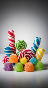 Still life photograph of a colorful assortment of hard candies and gumdrops arranged appealingly against a smooth neutral gray background, texture, bonbon, party