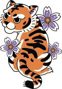 cute japanese tiger falling sakura flowers