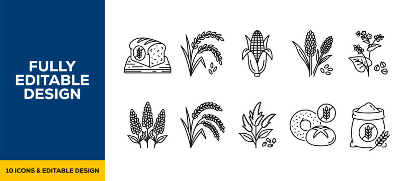 Black ink scribble wheat grain crops icon set bundle featuring hand drawn doodle sketch vector illustrations for organic farm branding and professional agriculture design art.