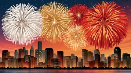 Fototapeta premium Fireworks over city skyline at sunset for New Year celebration and festive skyline panorama