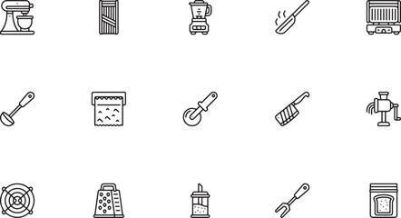 Kitchen accessories and baking tools outline vector icon set featuring dish drying racks cake display stands wine corkscrews and pastry dough scraper cutters © Mr. Akash