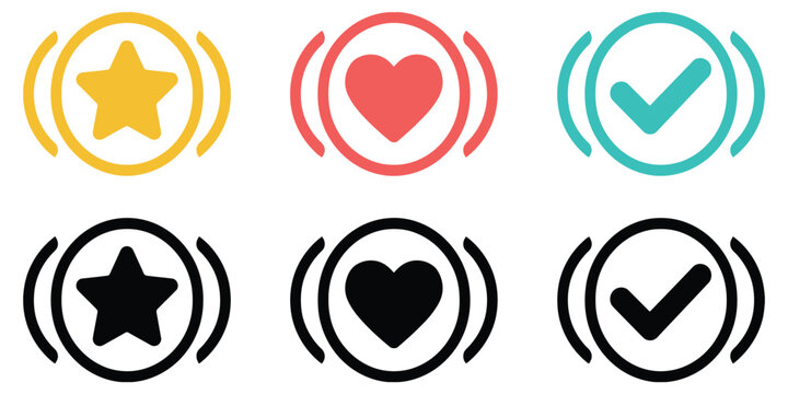 circular icons featuring star heart and checkmark symbols for rating favorites approval and ui design concepts.