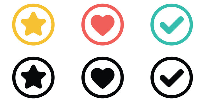 circular icons featuring star heart and checkmark symbols for rating favorites approval and ui design concepts.