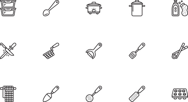 Professional kitchen food preparation tools outline vector icon collection featuring cheese graters electric blenders pizza cutters meat cleavers and cooking tongs