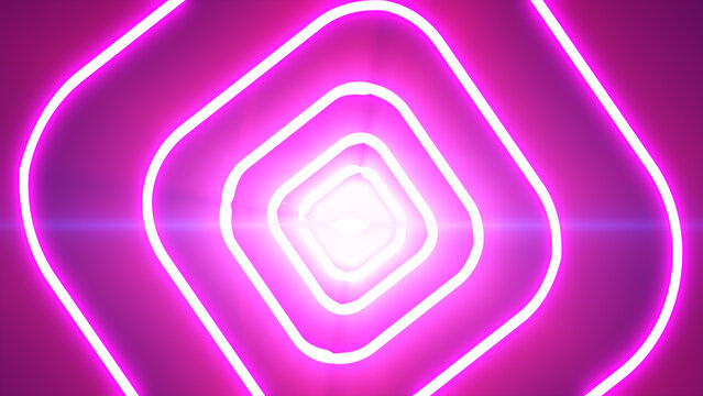 Abstract pink glowing rounded squares shrinking into a bright center, creating a vivid neon tunnel effect.