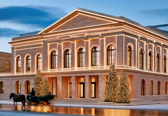 Fototapeta premium Twilight exterior of grand public building decorated with Christmas lights and illuminated trees