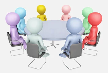 Diskussionsrunde mit rundem Tisch und 3D Figuren, Freisteller © Michael Rosskothen