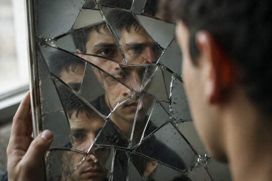 Shattered mirror reflecting fragmented facial features with soft window lighting.