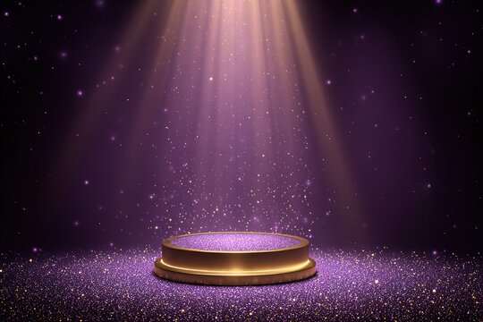 Empty gold podium platform under spotlight on purple background