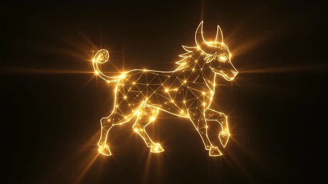 A radiant golden bull constellation formed by glowing stars and connecting lines, symbolizing Taurus, astrology, celestial beauty, astronomy, cosmic energy, and zodiac themes.