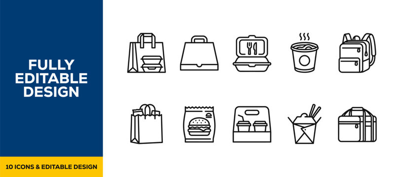 Black ink scribble takeout box delivery icon set bundle featuring hand drawn doodle sketch vector illustrations for restaurant branding and professional ecommerce design art.