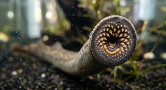 Leech close-up aquatic worm with yellow spots on face