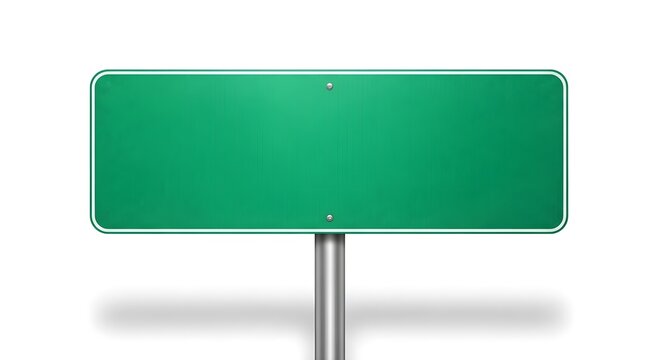A clean blank green signboard mounted on a pole, offering wide copy space for directions, public information, advertisements, transportation, tourism, and navigation projects.
