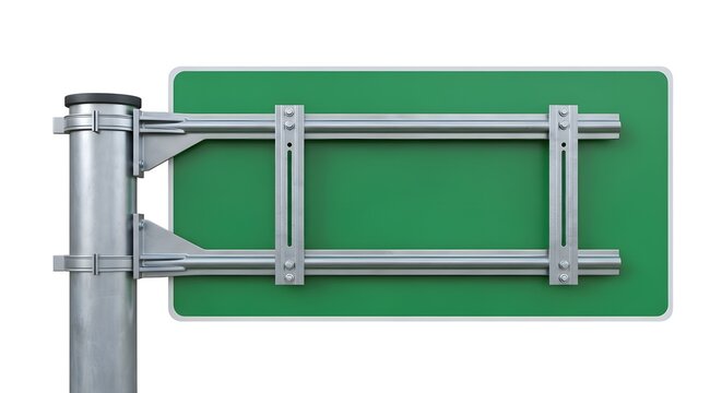 The rear view of a large green highway sign reveals its steel framework, support beams, and mounting structure, ideal for transportation, infrastructure, engineering, and road system concepts.
