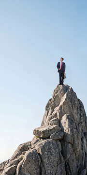 Businessman standing on mountain peak with briefcase symbolizing leadership and success. Concept of career achievement, executive vision, ambition, business growth.