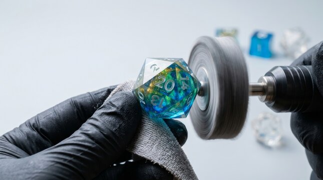 Crafting colorful resin dice for tabletop games, polished by hand