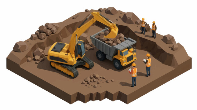 Construction site with excavator and workers in action.