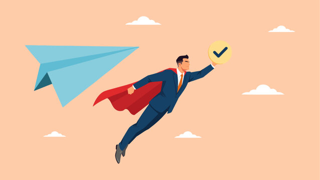 Businessman in a suit with a red cape flying and holding a checkmark icon