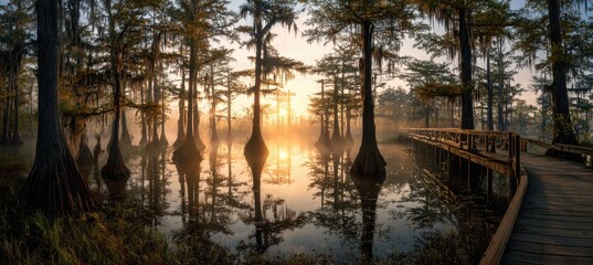 Obraz premium Wooden boardwalk through scenic cypress swamp at sunrise with boardwalk landscape reflection outdoors everglades wilderness tranquil sunlight environment destination beautiful panoramic