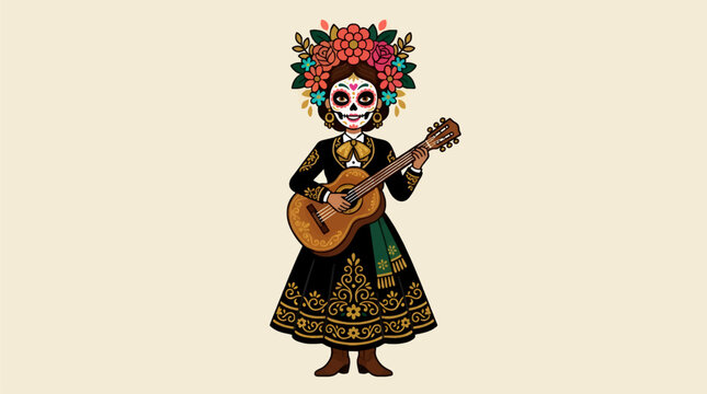 Flat Vector Illustration of a Female Mariachi Musician with Sugar Skull Face Paint and Floral Headdress Playing Guitar, Day of the Dead Celebration, Festive Mexican Culture