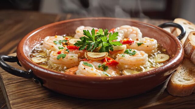 Shrimp in garlic oil steaming in clay dish, red chili and parsley on top, bread slices on side. Shrimp idea reinforced with prawn wording and shellfish cue, for menus, social concepts of shared dining