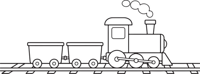 Simple steam locomotive train outline drawing for kids coloring page featuring a classic engine with two freight wagons traveling along the railway tracks © Nayem