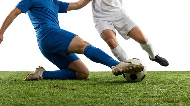 Anonymous football player winning possession with a perfectly timed sliding tackle isolated on white background