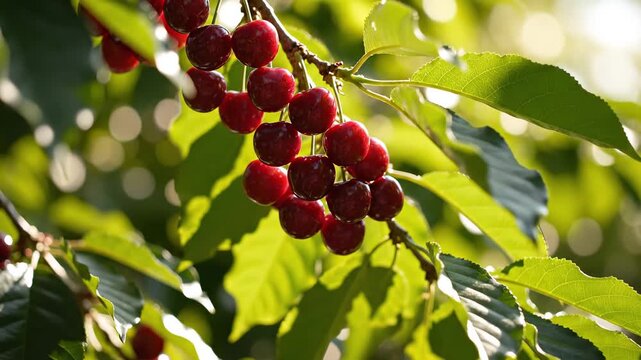 Red berries on branch with green leaves in warm sunlight. Berries concept reiterated via fruit focus and small drupes phrasing, linking social concepts of seasonal eating, local produce, nutrition