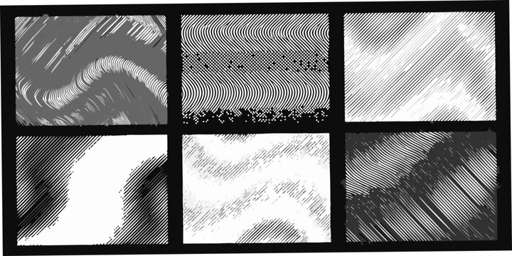 Abstract striped patterns a monochrome grid of six panels