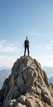 Businessman standing on mountain summit showing confidence and career achievement. Concept of executive leadership, personal success, ambition, strategic vision.