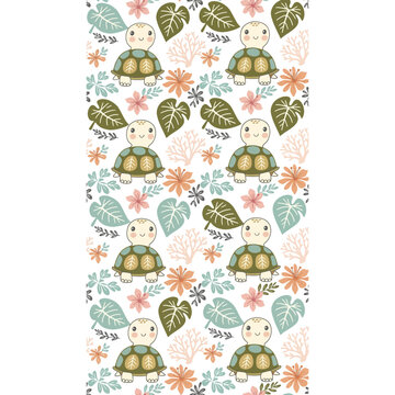 Cute cartoon turtles and flowers pattern