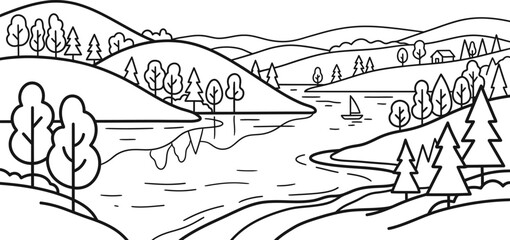 Fototapeta premium Trending lakeside landscape coloring page book vector simple clean designs