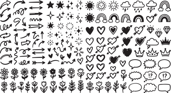 Large collection of hand drawn doodle icons including arrows hearts flowers and weather elements