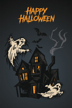 Happy Halloween vertical poster with bats, ghosts, haunted mansion and night sky background