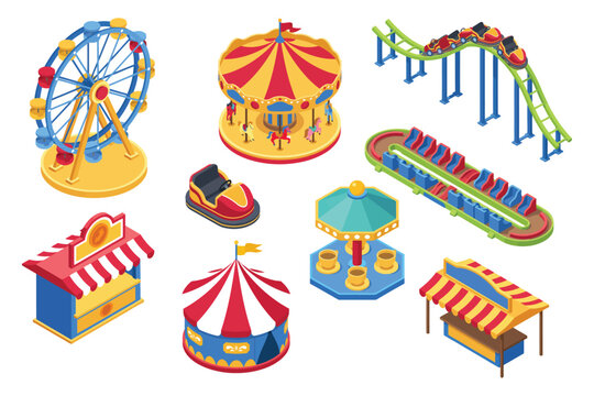 Isometric 3D amusement park icons ferris wheel roller coaster carousel carnival tent swing ride food stall theme park entertainment assets design illustration style elements