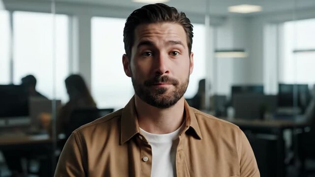 Young bearded man looking directly at the camera in a modern office setting, showcasing a professional and approachable demeanor.